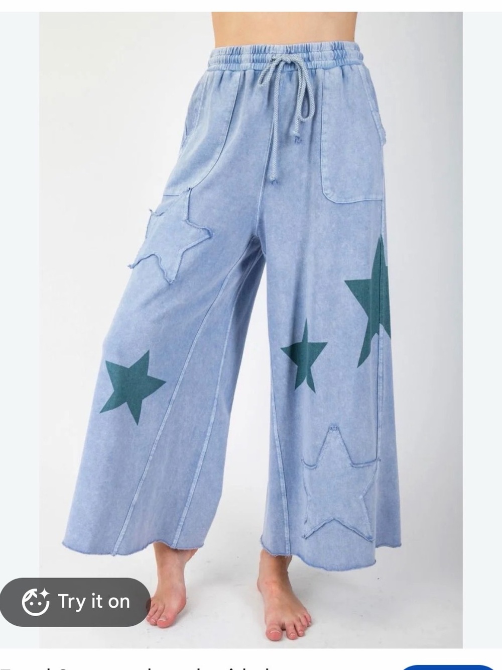 Easel Wide-Leg Star Appliqué Pants in Light Blue Medium